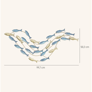 Décoration murale métal doré et bleu - Déco murale poissons - 100 x 50 cm