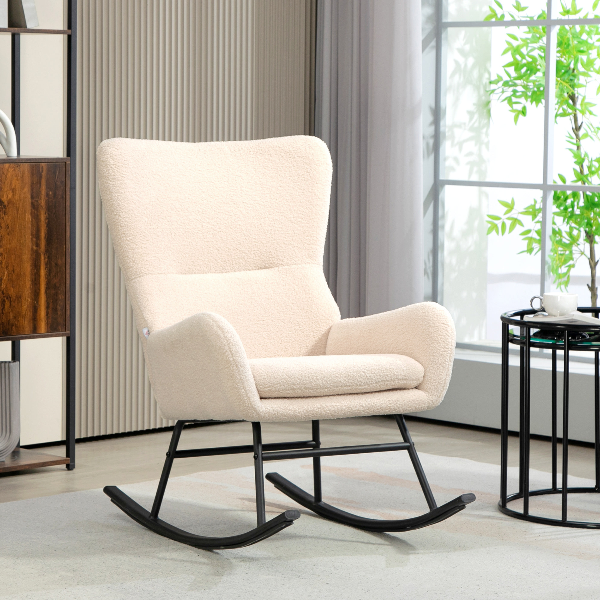 Fauteuil à bascule rocking chair style néo-rétro acier noir effet laine bouclée beige clair