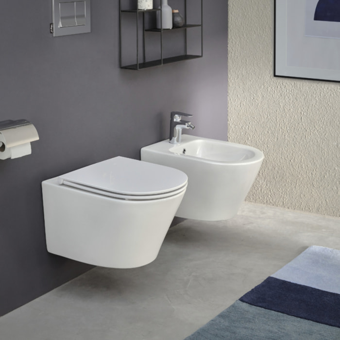 Pack WC suspendu sans bride Rodin+ avec abattant + bâti support + plaque blanche + tabouret blanc