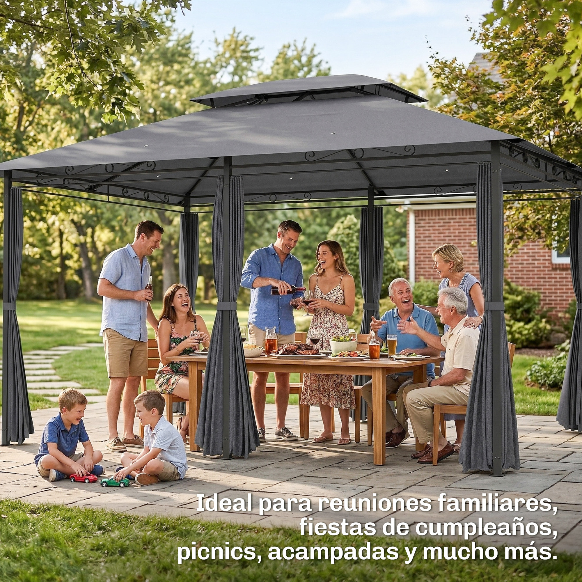 Cenador para Jardín 3x4 m, Pabellón de Jardín, Gazebo con Doble Techo, 6 Paredes Laterales, Estructura Metálica, Drenaje, Carpa para Exterior, Terraza, Patio, Gris