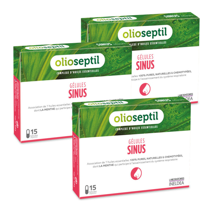 OLIOSEPTIL - Sinus - Complexe de 7 Huiles Essentielles Pures et Chémotypées en Gélules Végétales L-Vcaps - Dès 15 Ans - Participe au Fonctionnement Optimal du Système Respiratoire - Lot de 3