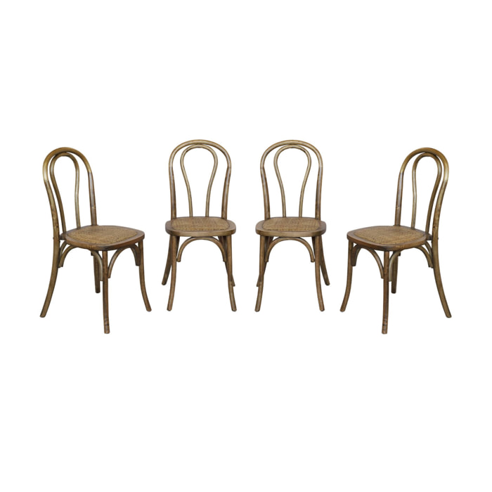 Lot de 4 chaises vintage en bois avec assise en rotin et dossier arrondi. coloris marron vieilli. L 48 x P 49.5 x H 90cm