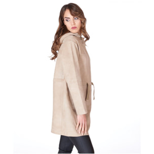 Cappotto in pelle camoscio beige verde con cappuccio