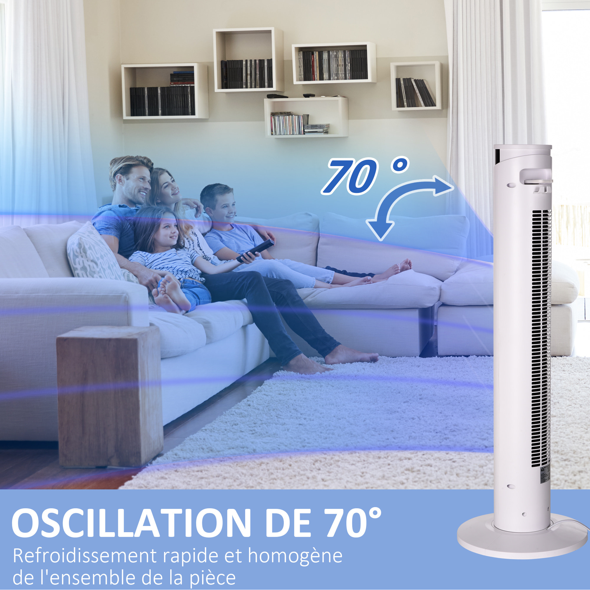 Ventilateur colonne oscillant 50W - télécommande, 3 modes, 3 vitesses, écran LED, timer - blanc