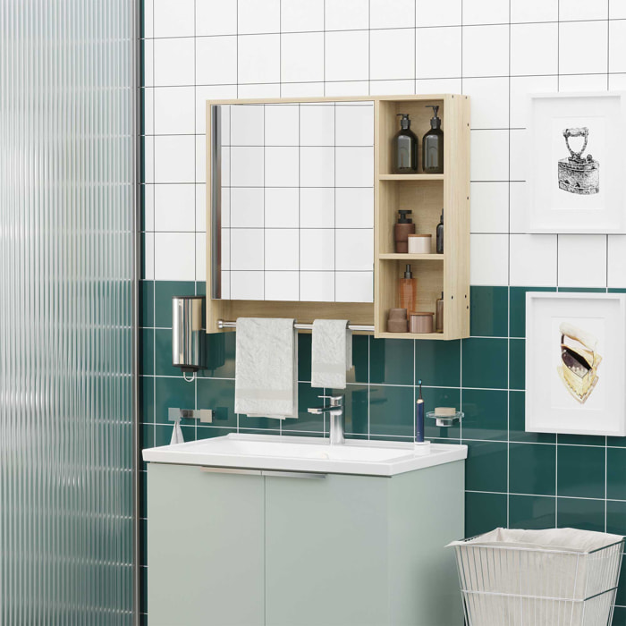Armoire miroir murale de salle de bain - porte, 2 étagères, 3 niches, porte-serviette - aspect bois clair