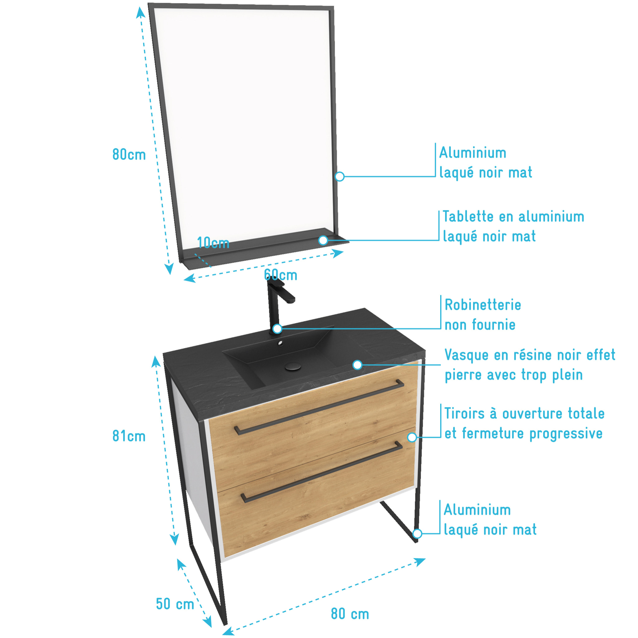 Meuble de salle de bain 80x50 cm + 2 tiroirs chêne naturel + vasque noir effet pierre + miroir noir