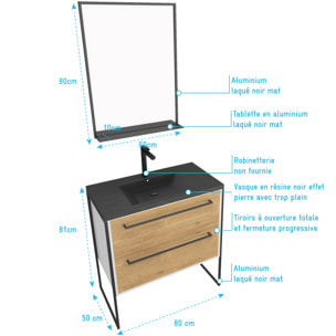 Meuble de salle de bain 80x50 cm + 2 tiroirs chêne naturel + vasque noir effet pierre + miroir noir