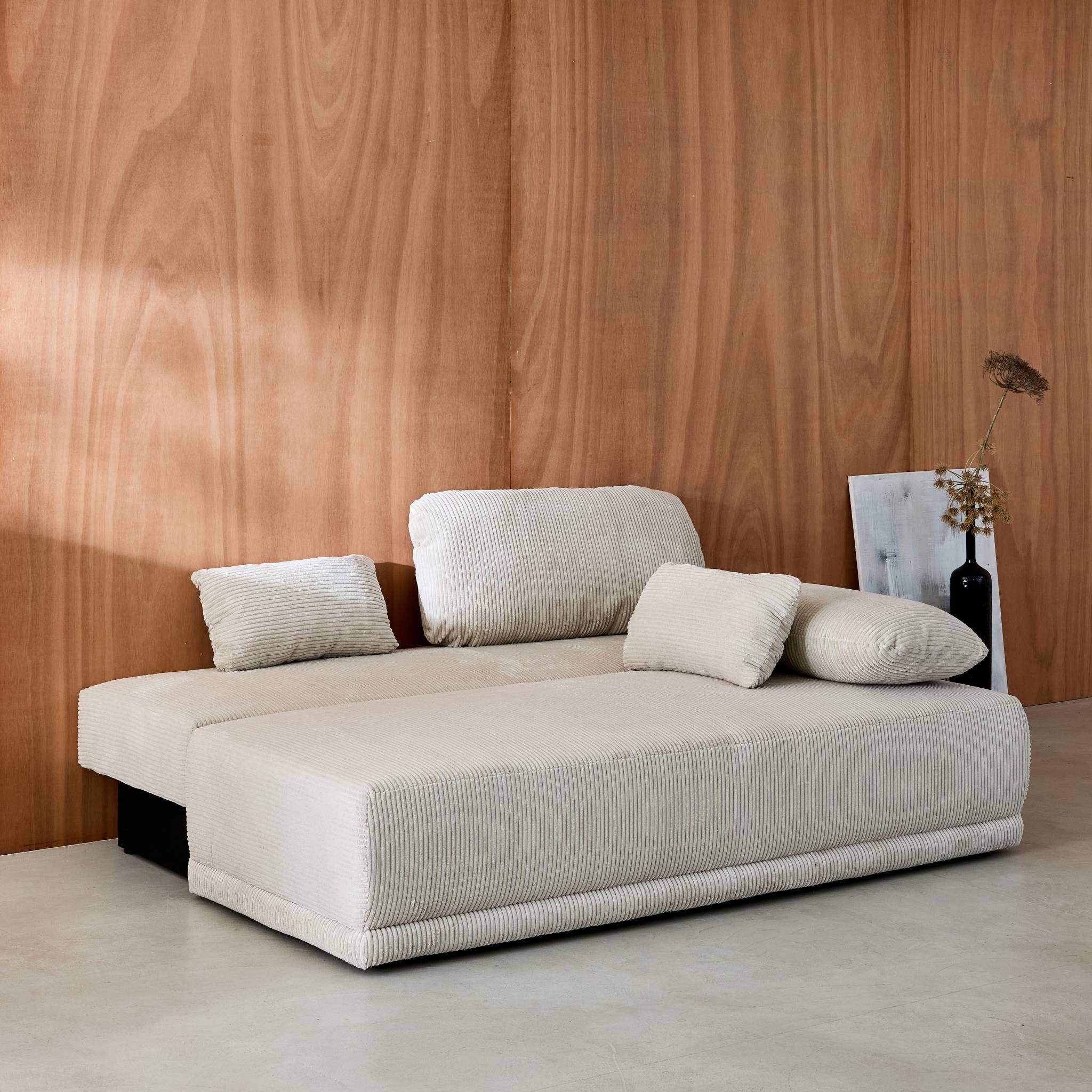 Banquette convertible 3 places velours côtelé greige avec coffre de rangement - L 192 x P 100 x H 81cm -Nelson