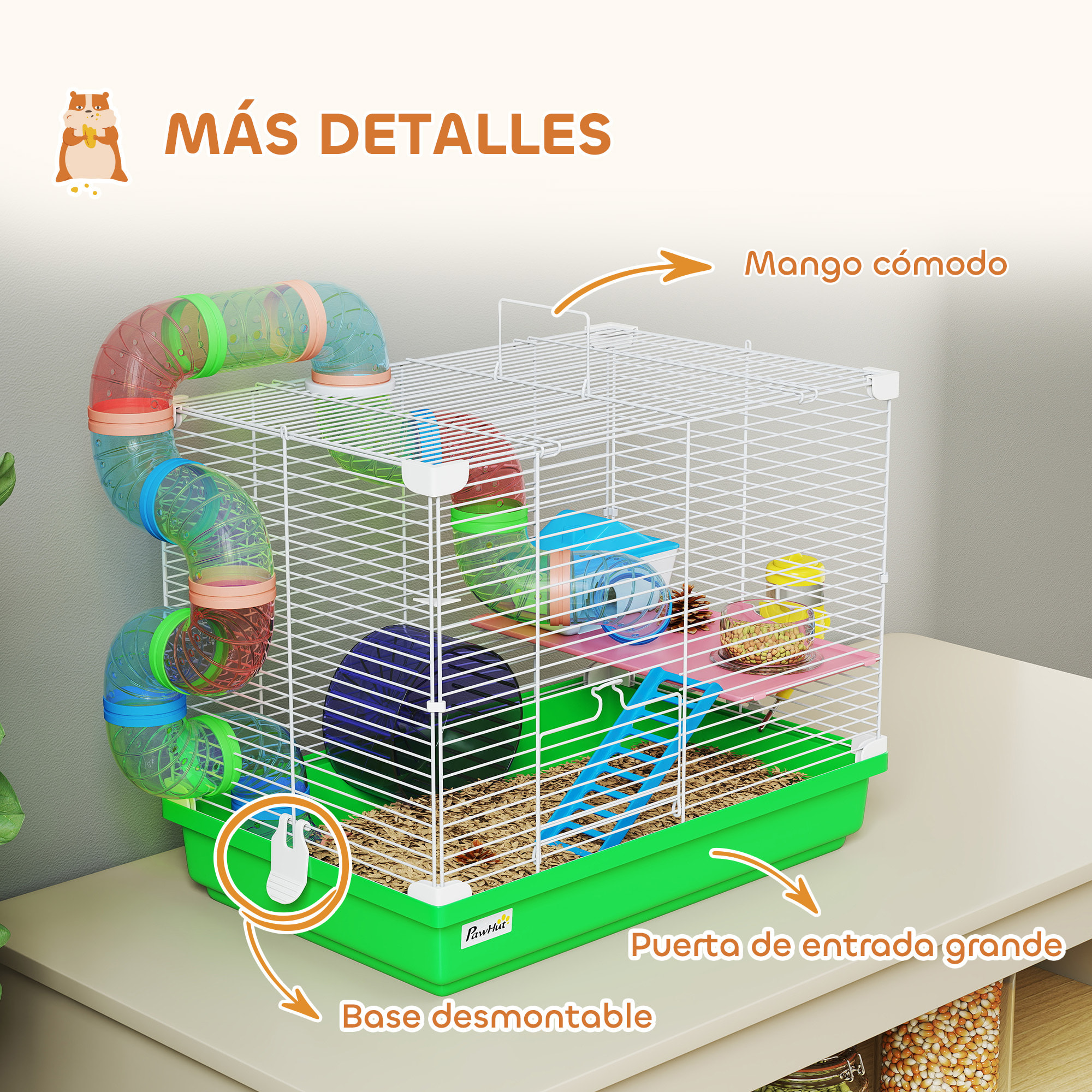 Jaula para Hámster, Casa para Hámster con Túnel, Cuenco, Bebedero, Casita, Rampa, Rueda de Ejercicio, Plataforma y Asa, Bandeja Extraíble, para Ratones y Jerbos, 46x30x37 cm, Verde