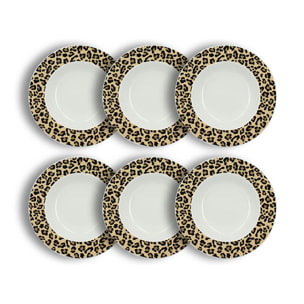 Lot de 6 assiettes creuses léopard 20cm en porcelaine beige ANIMALS