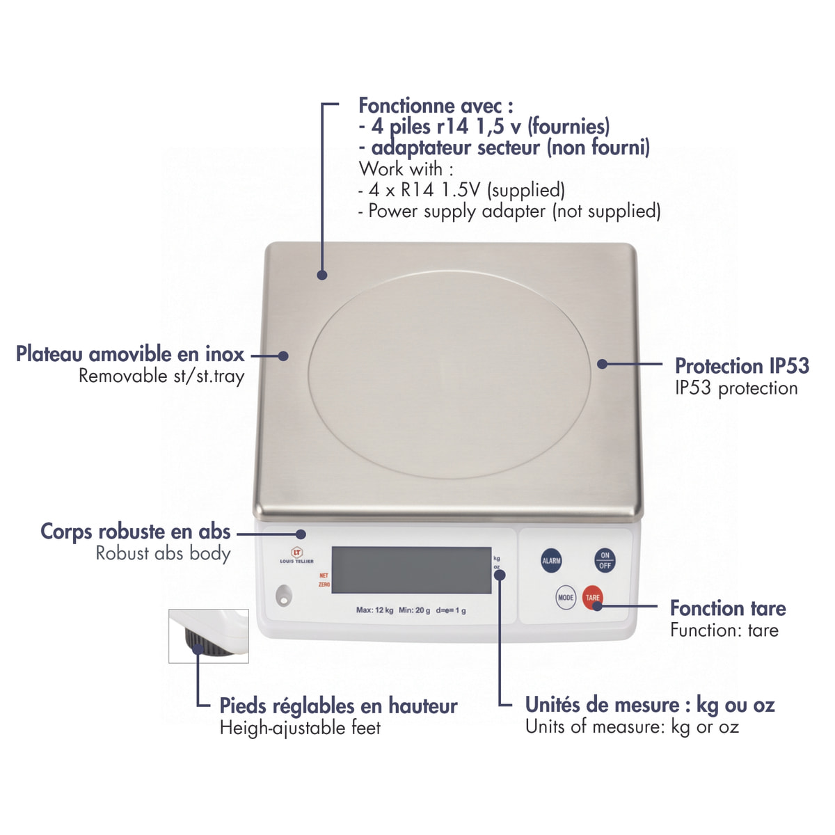 Balance électronique professionnelle - 12kg - IP53 - précison 1g - plateau amovible inox 29,8 x 23,6 cm