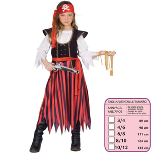 Travestimento Costume Carnevale Piratessa Rosso Nero Bianco Bambina