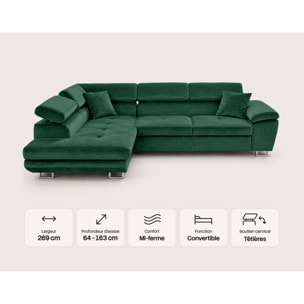 Dimas - canapé d'angle gauche 5 places - convertible avec coffre et têtières réglables - en velours - Vert