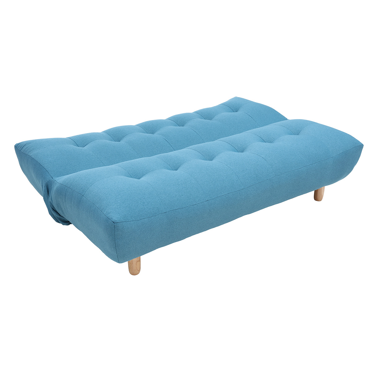 Canapé convertible scandinave 3 places en tissu bleu canard et bois clair YUMI