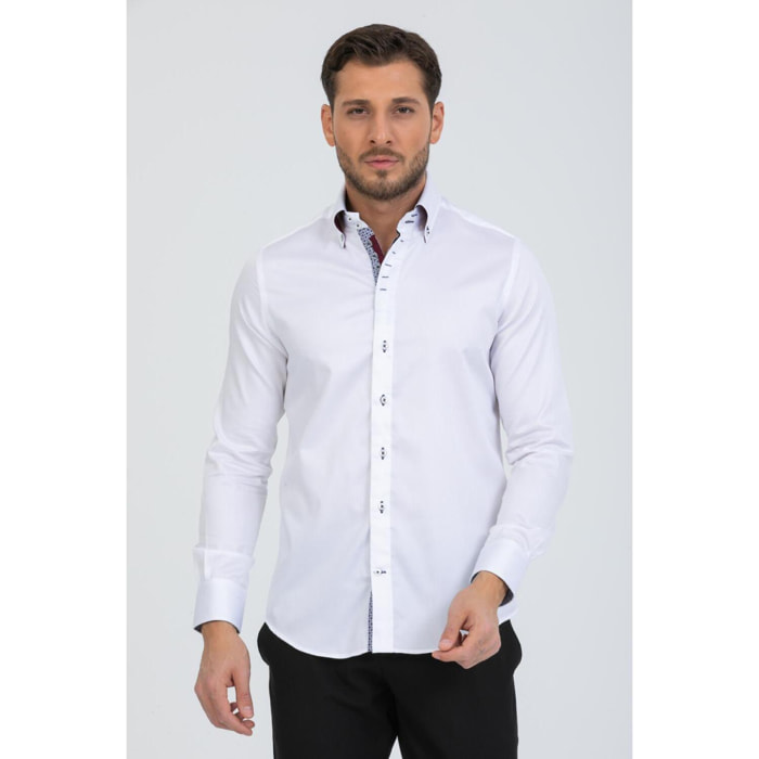 Camicia Uomo 2 Bottoni Button Down Slim Satin Unito Bianco