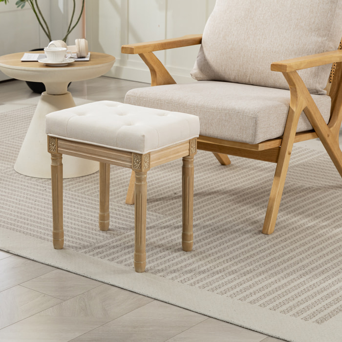 Reposapiés Salón Rústico, Taburete Bajo Tapizado en Lino Sintético con Patas Talladas de Madera, Otomana para Dormitorio, Sofá, Beige