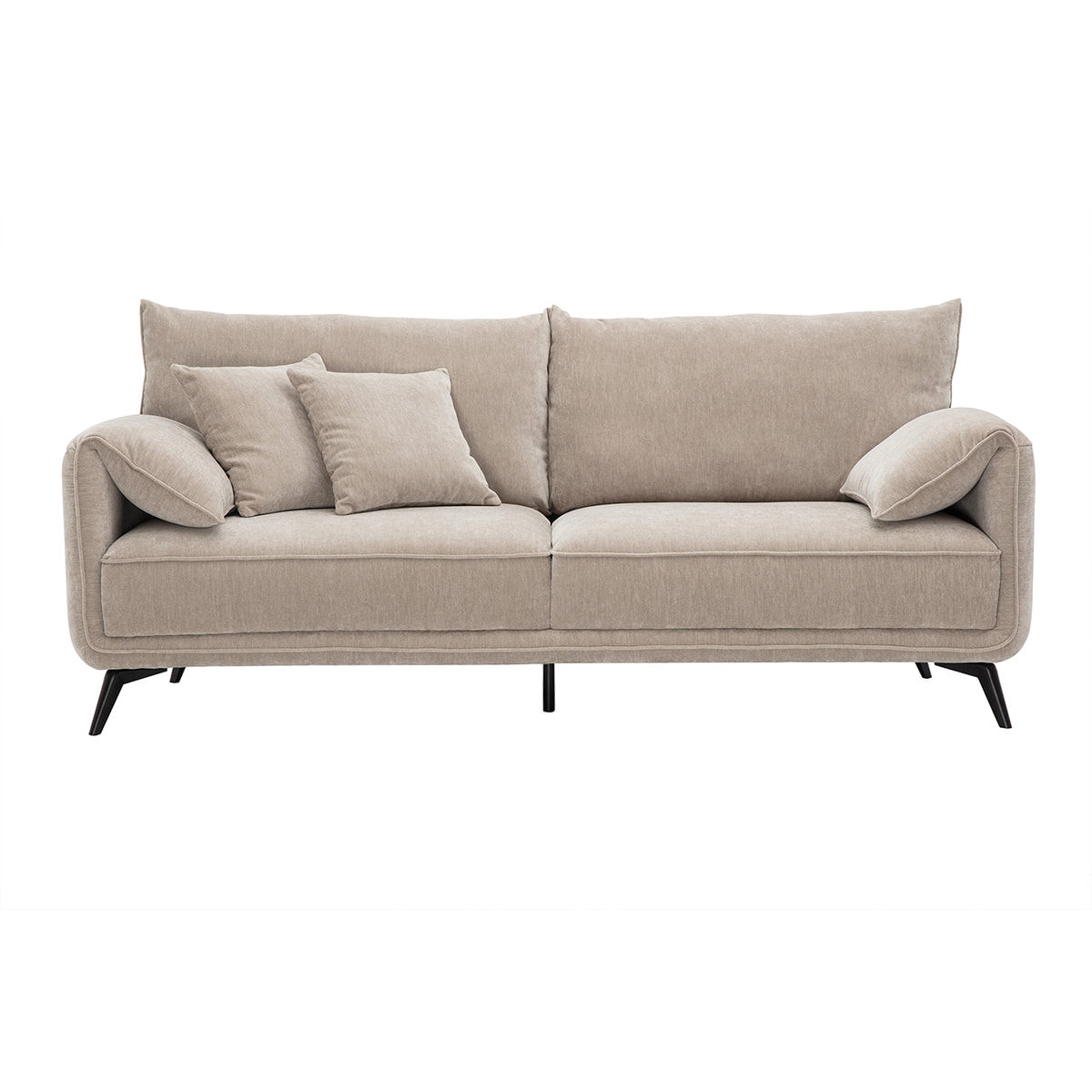 Canapé design 3 places en tissu effet velours taupe et métal noir TANTOR