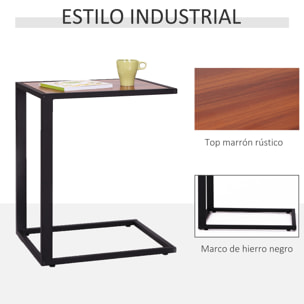 Mesa Auxiliar en Forma de C para Sofá de Metal y Madera Nogal