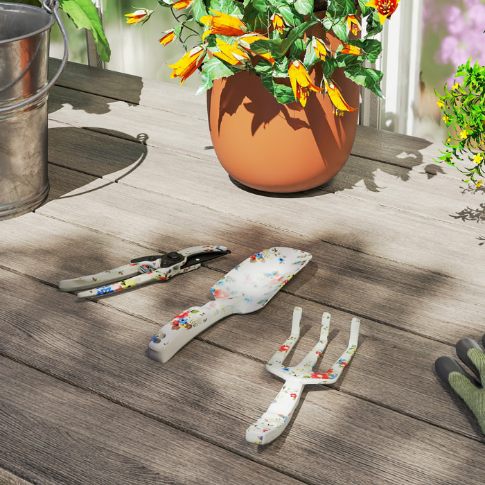 Kit 3 outils de jardin - sécateur, transplantoir, griffe à main - alu métal blanc motif fleurs