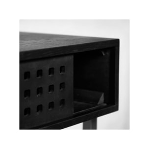 Console industrielle bois et métal noir avec porte coulissante ajourée 110 cm - MALIA
