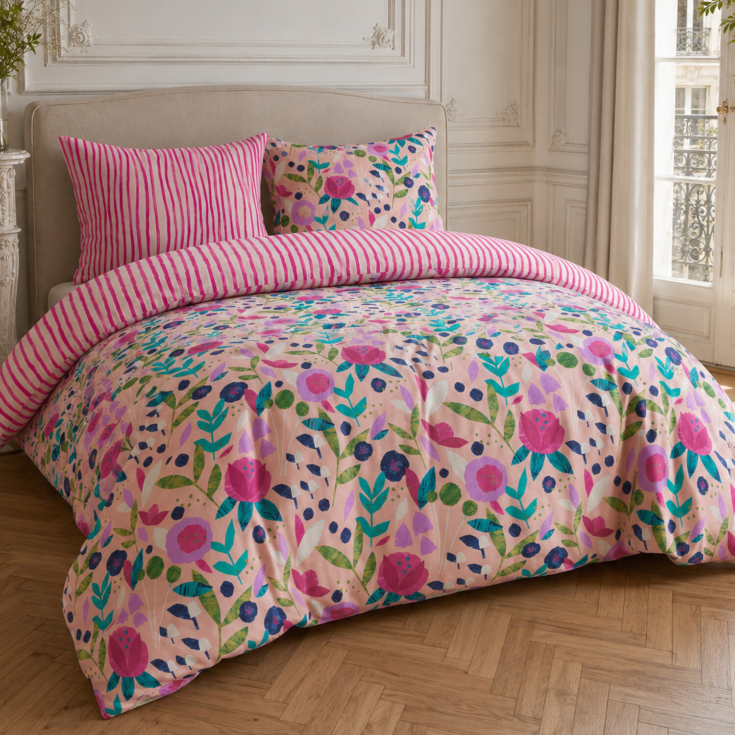 Parure housse de couette 100% percale de coton motif floral printemps rose - KATE MERRITT