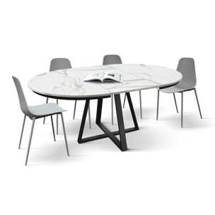 Tavolo rotondo PANTELLERIA in legno, finitura bianco statuario e gambe in metallo nero, allungabile Ø120xH75,3 cm - 170x120x75,3 cm