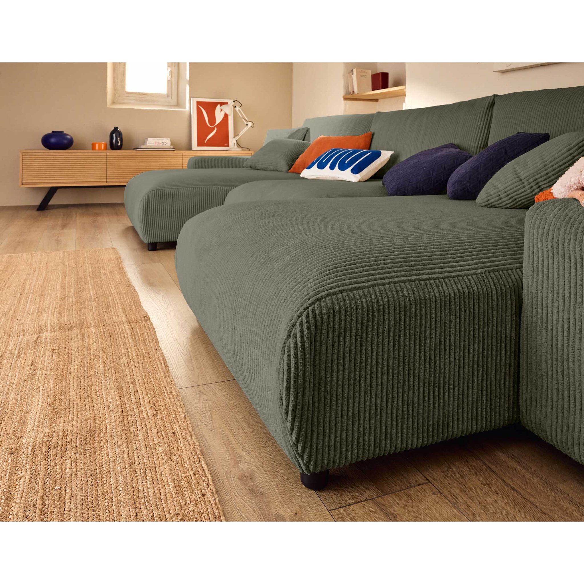 Pivoine - canapé panoramique en U - 7 places - convertible avec coffre - en velours côtelé - Vert