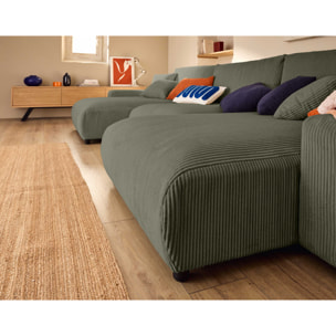 Pivoine - canapé panoramique en U - 7 places - convertible avec coffre - en velours côtelé - Vert