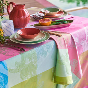 Nappe pur coton motif jacquard bleu rose vert Mille vertiges ara