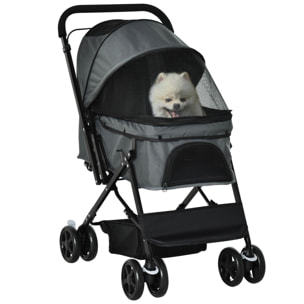 Poussette buggy pliable chien chat panier et sac de rangement attaches sécurité housse réglable poignée réglable acier Oxford gris