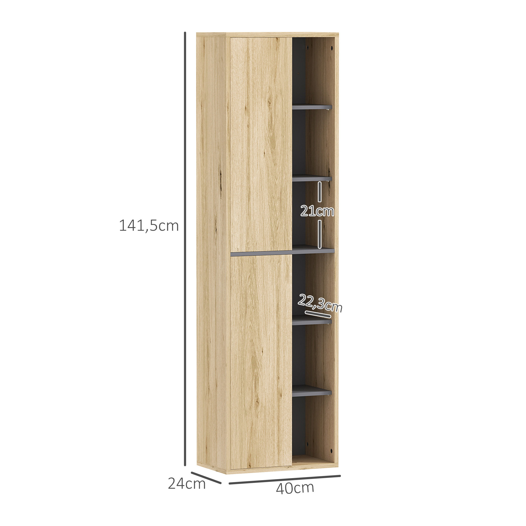 Columna de Baño de Pared Armario de Baño con Compartimentos Abiertos y 2 Puertas Mueble de Baño Moderno 40x24x141,5 cm Natural