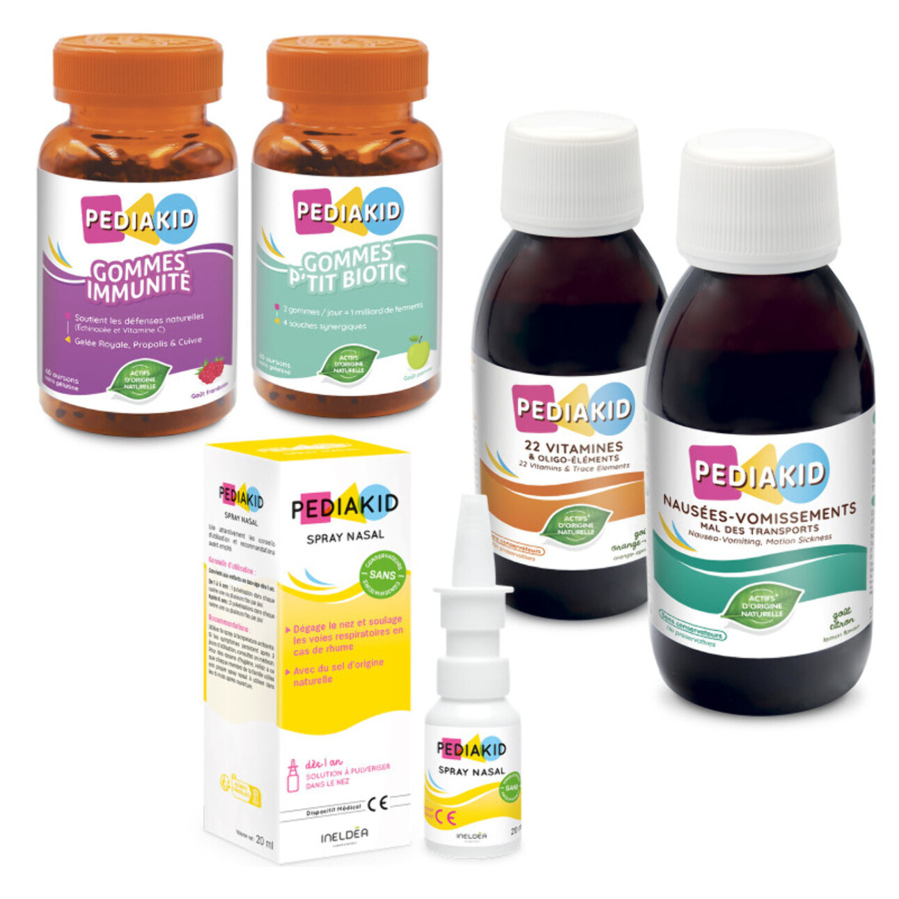 PEDIAKID - Pack Enfants Automne/Hiver - PEDIAKID Sirop Nez-Gorge + PEDIAKID 22 Vitamines & Oligo-éléments + PEDIAKID spray Nez-Gorge + PEDIAKID gommes immunité + PEDIAKID gommes P'tit Biotic
