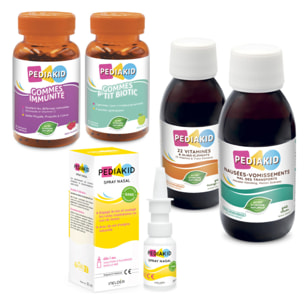 PEDIAKID - Pack Enfants Automne/Hiver - PEDIAKID Sirop Nez-Gorge + PEDIAKID 22 Vitamines & Oligo-éléments + PEDIAKID spray Nez-Gorge + PEDIAKID gommes immunité + PEDIAKID gommes P'tit Biotic