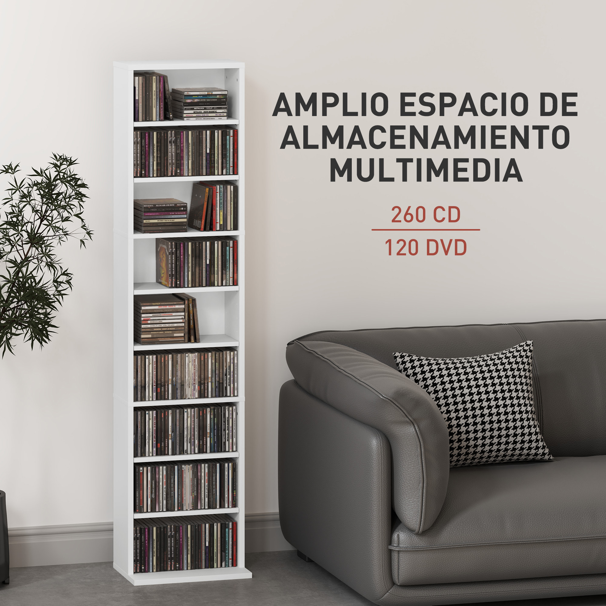 Estantería para CDs y DVDs Soportes para CD Estrechos con 9 Compartimentos Estantes Ajustables para Salón Oficina 33x24x140 cm Blanco