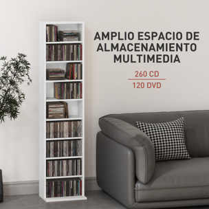 Estantería para CDs y DVDs Soportes para CD Estrechos con 9 Compartimentos Estantes Ajustables para Salón Oficina 33x24x140 cm Blanco