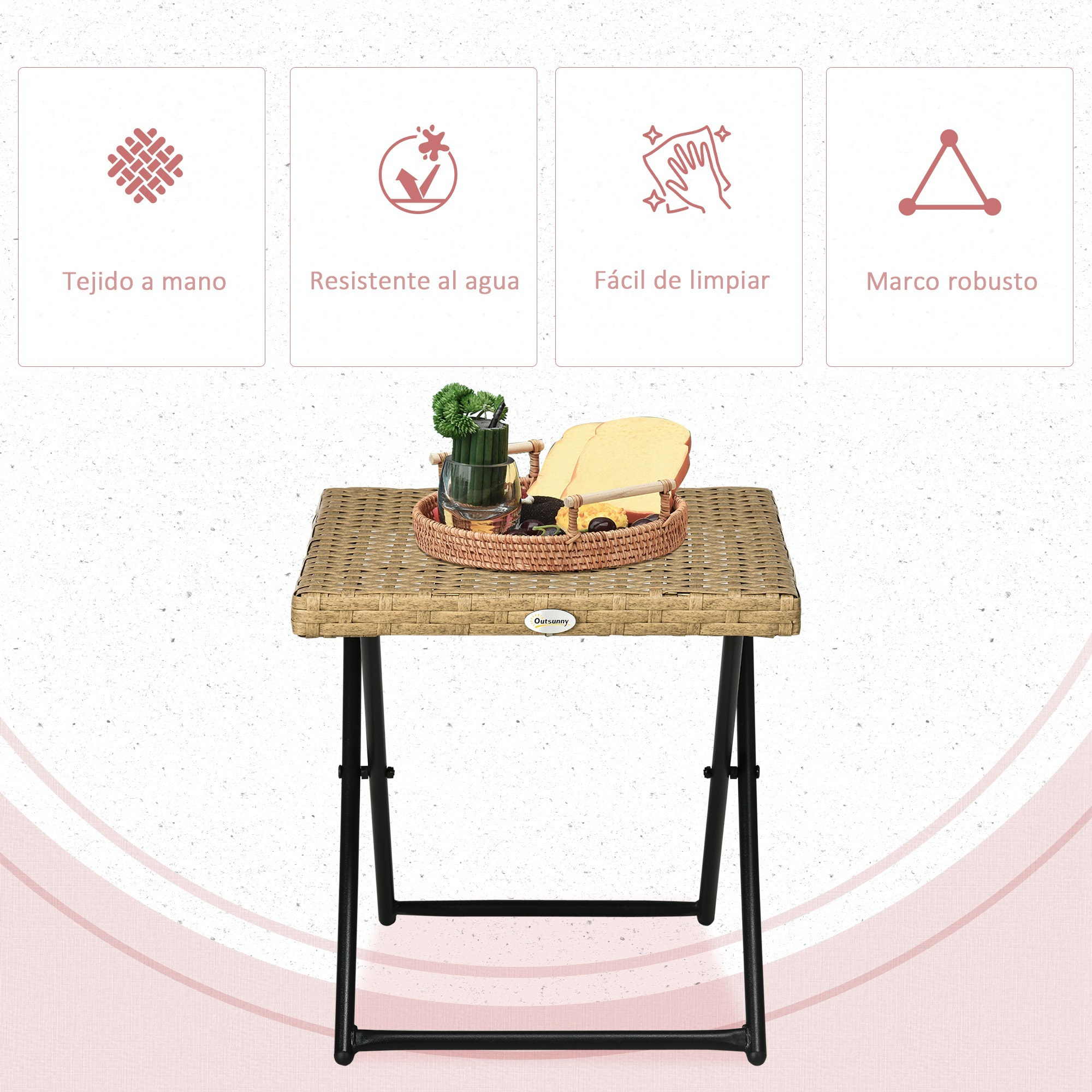 Mesa de Jardín de Ratán Sintético Mesa de Terraza Exterior Plegable con Patas Cruzadas y Marco de Acero para Patio Balcón Natural