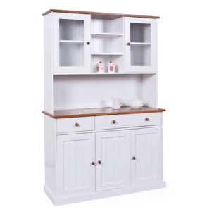 Credenza con tre ante e tre cassetti con piano in vetro, 131 x 45 x 181, Bianco