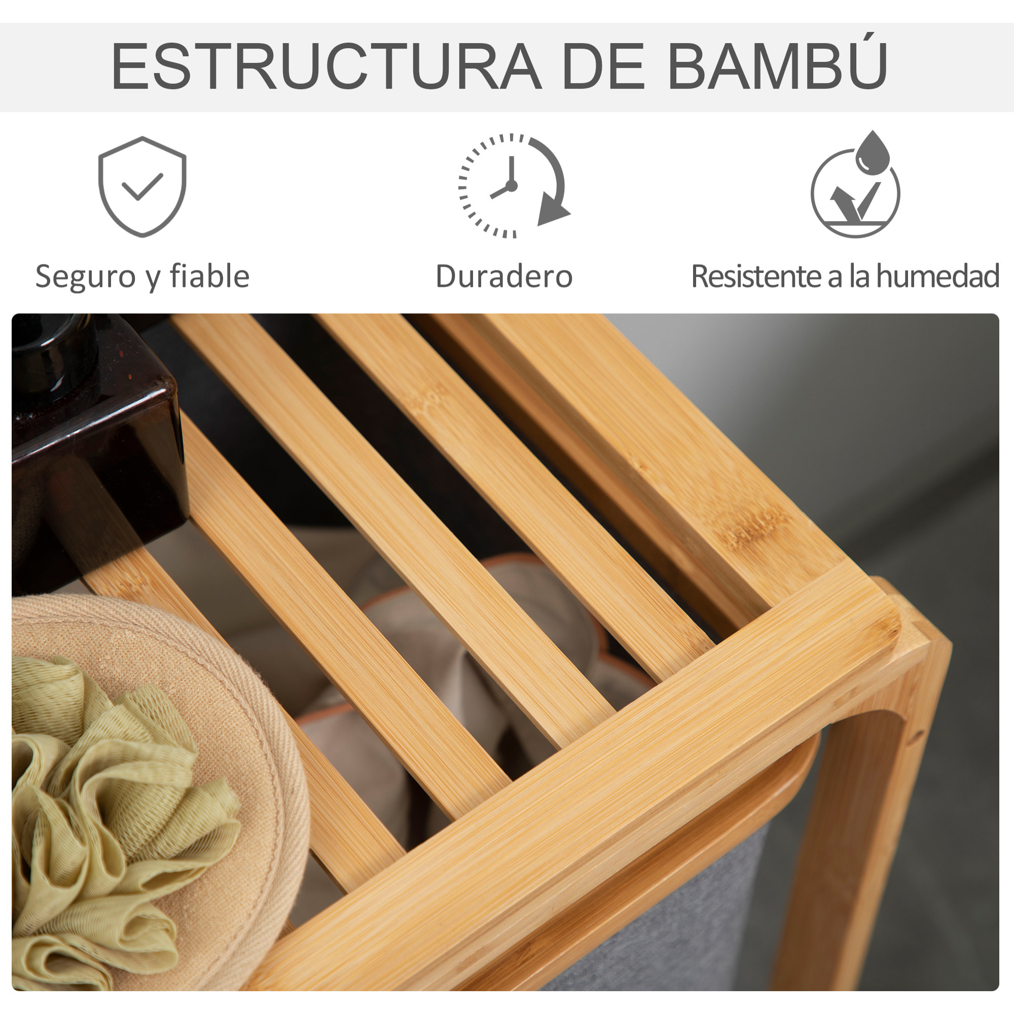 HOMCOM Cesto para Ropa Sucia de Bambú Cesta para la Colada con 3 Bolsas de Tela Extraíbles y Estante Abierto para Baño Dormitorio 50x32x69,7 cm Gris