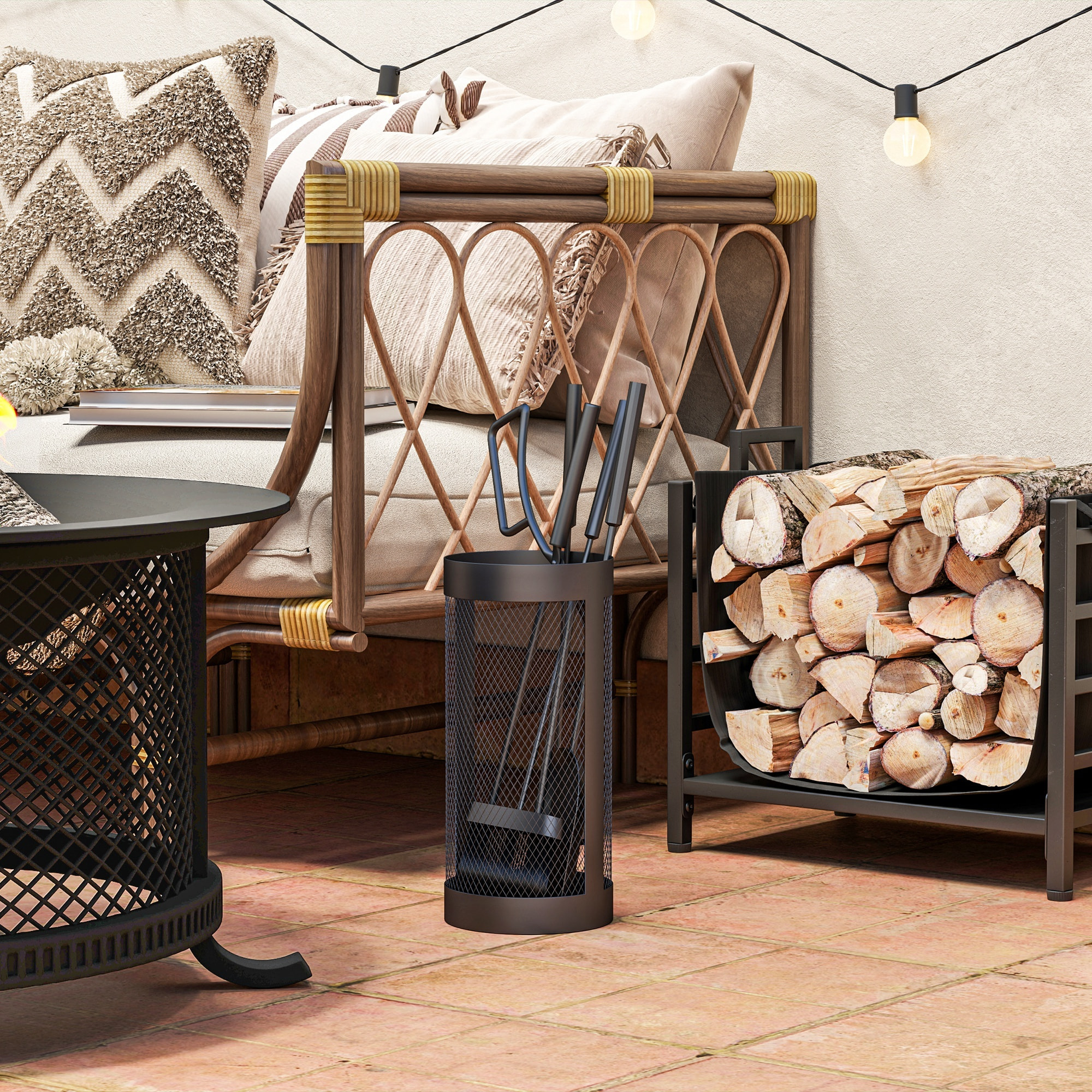 Juego Utensilios Chimenea de 5 Piezas, Juego de Accesorios para Chimenea de Metal con Escoba, Pala, Tenazas, Atizador y Soporte, Ø16x33,5 cm, Negro