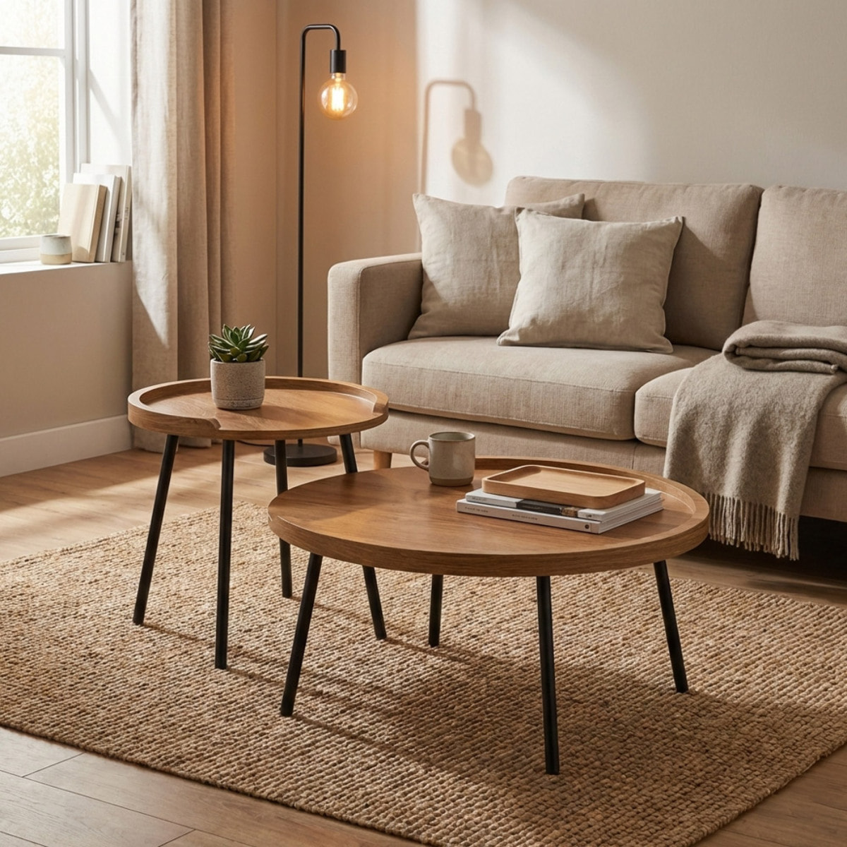 Set 2 tavolini rovere naturale con top in MDF e gambe nere in metallo - Zach