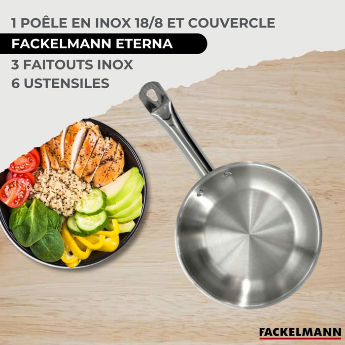 Set 1 poêle en inox et 1 couvercle verre, 3 faitouts inox et 6 ustensiles RPET Fackelmann Eterna