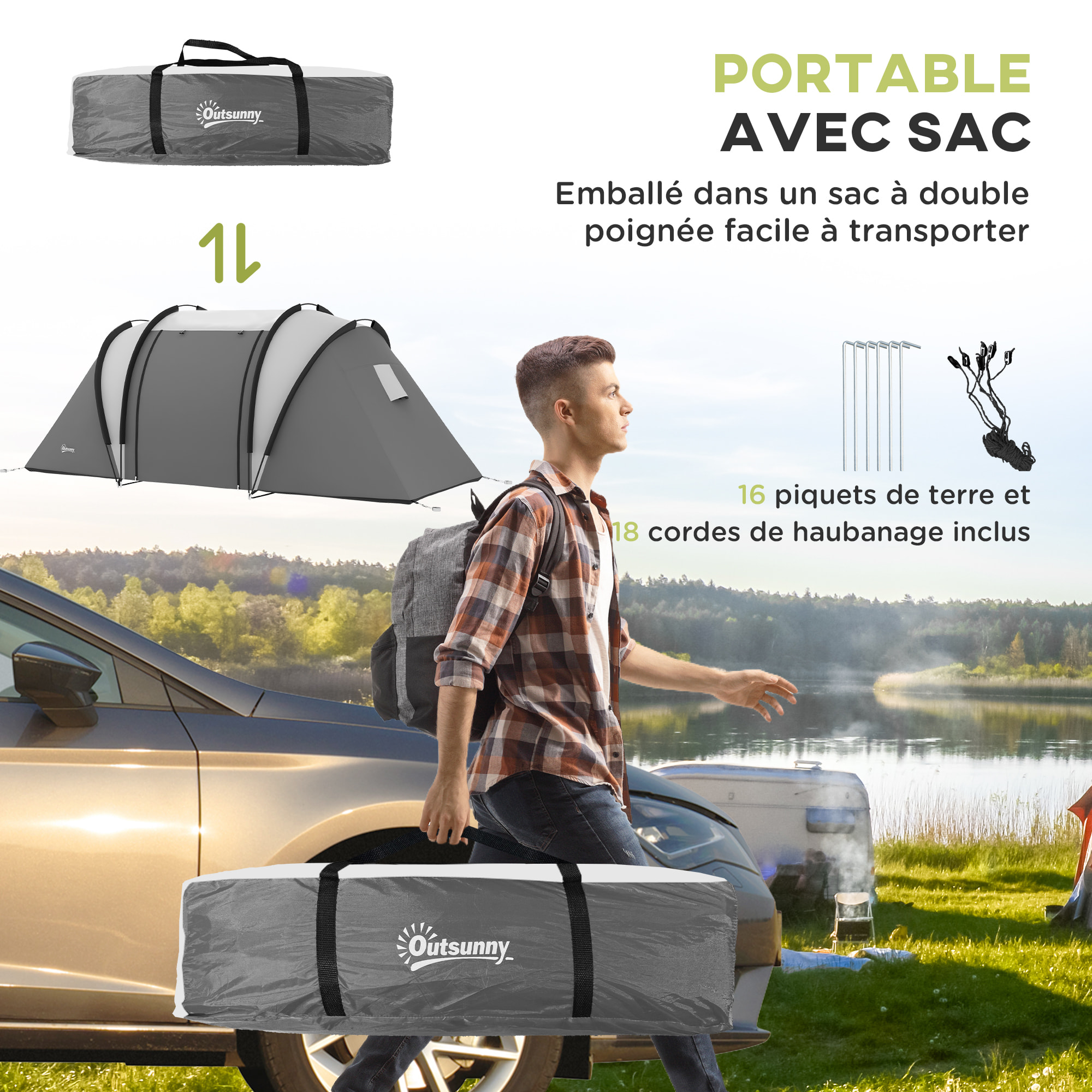Tente de camping familiale 4-5 pers. 2 chambres 3 fenêtres sac gris