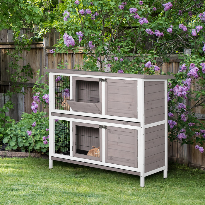 Clapier à lapin cage à lapin 2 étages trappe de séparation amovible 4 portes verrouillables 2 plateaux coulissants rampe toit ouvrant bois de sapin gris blanc