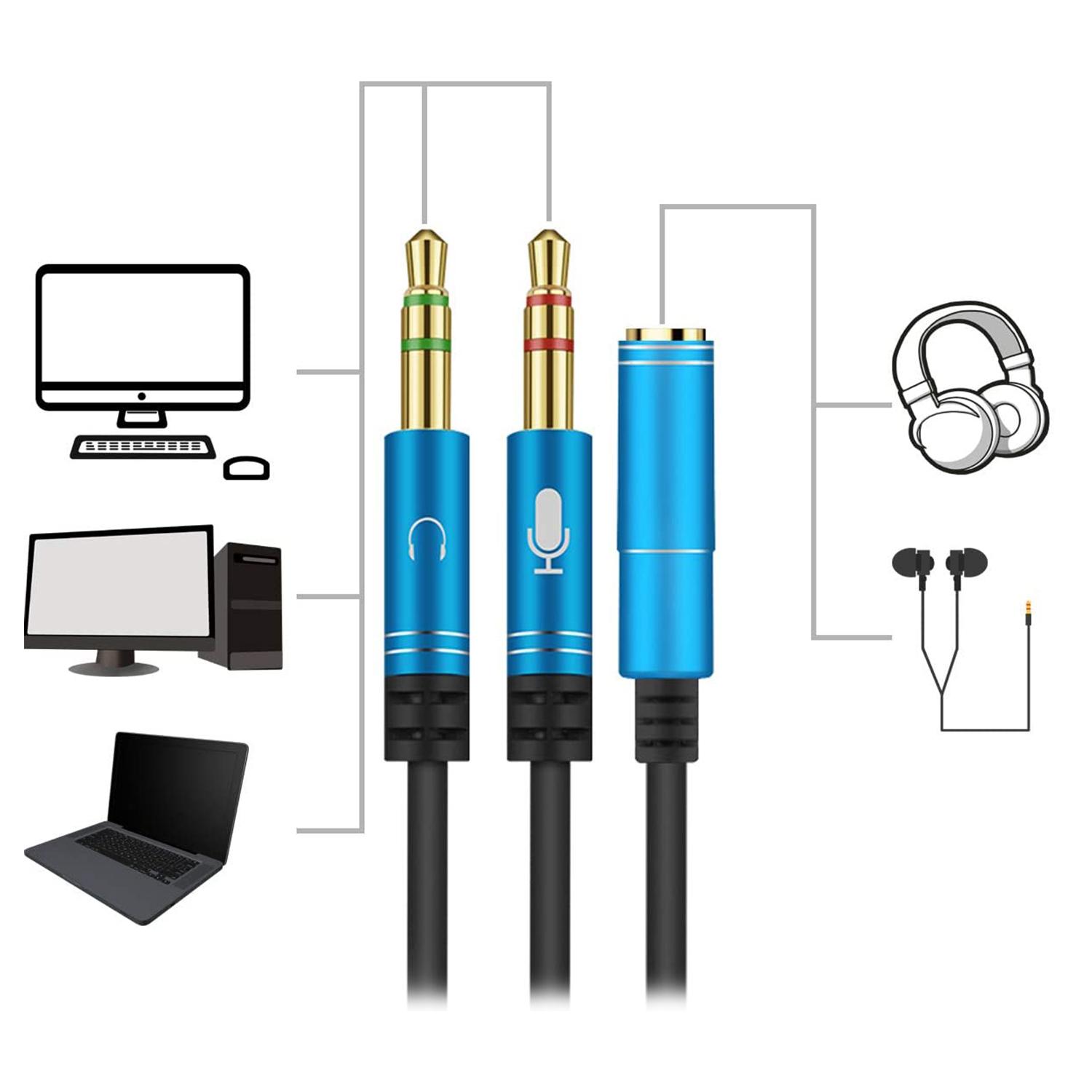 Convertitore splitter da minijack (femmina) a doppio minijack maschio (microfono e altoparlante). Usa le cuffie con microfono integrato e un semplice minijack sul tuo PC.