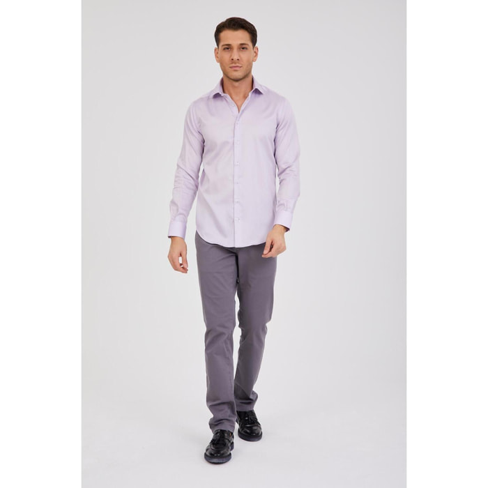 Camicia Uomo 1 Bottone Francese Slim Satin Unito Lilla