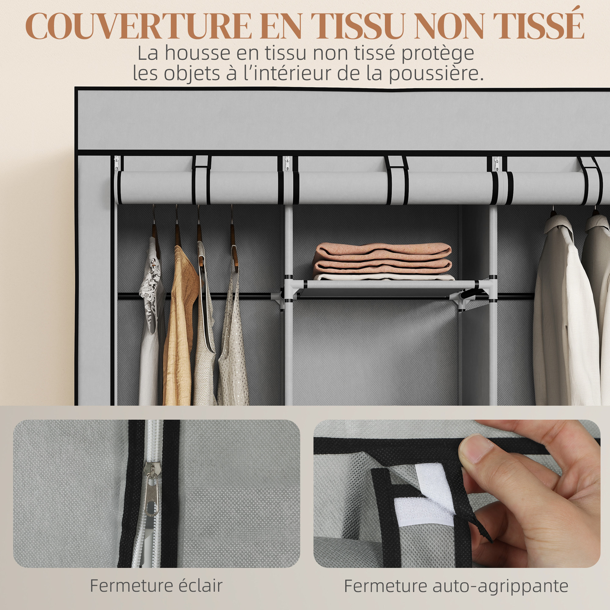 Armoire penderie multi-rangement - 8 étagères, 2 barres - acier noir non tissé gris