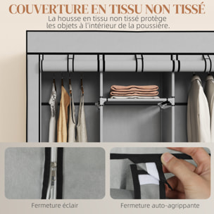 Armoire penderie multi-rangement - 8 étagères, 2 barres - acier noir non tissé gris