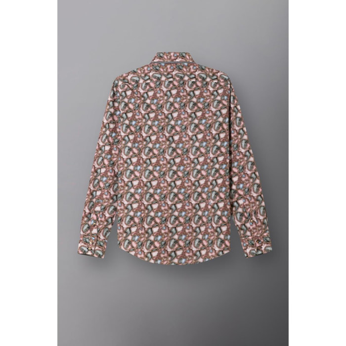 Camicia Uomo 2bottoni Button Down Doppio Collo Slim Popeline Stampato Rosa Cipria Piombo