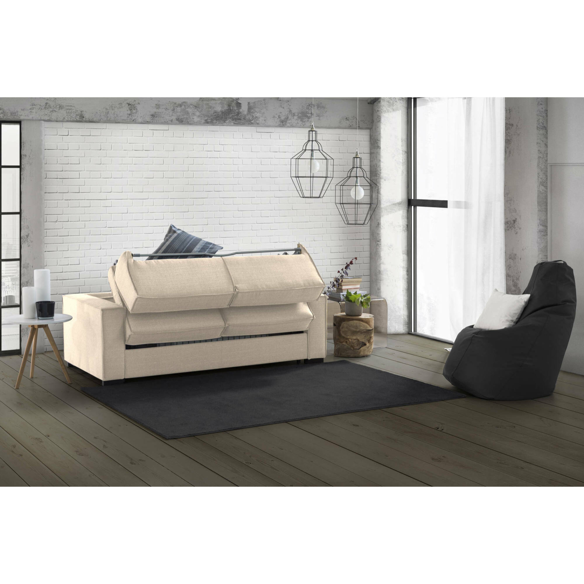 Divano Letto Giuliana, Divano a 2 posti, 100% Made in Italy, Sofà Soggiorno con apertura girevole, in tessuto imbottito, con Braccioli standard, Cm 180x95h90, Beige