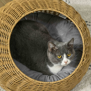 Niche pour chat lit pour chat panier de chat en résine tressée imitation rotin coussin doux déhoussable Ø 50 x 31H cm marron clair